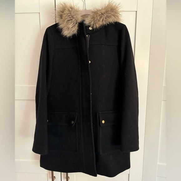 J crew wool blend winter coat faux fur hood size 2 in black casual preppy - Picture 3 of 8